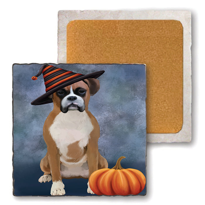 Happy Halloween Boxer Dog Wearing Witch Hat with Pumpkin Set of 4 Natural Stone Marble Tile Coasters MCST49938
