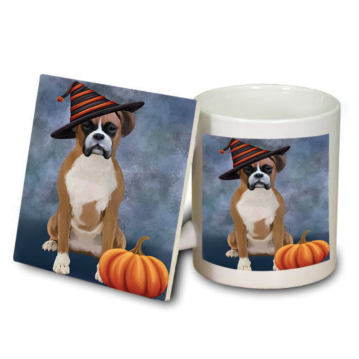Happy Halloween Boxer Dog Wearing Witch Hat with Pumpkin Mug and Coaster Set MUC54930