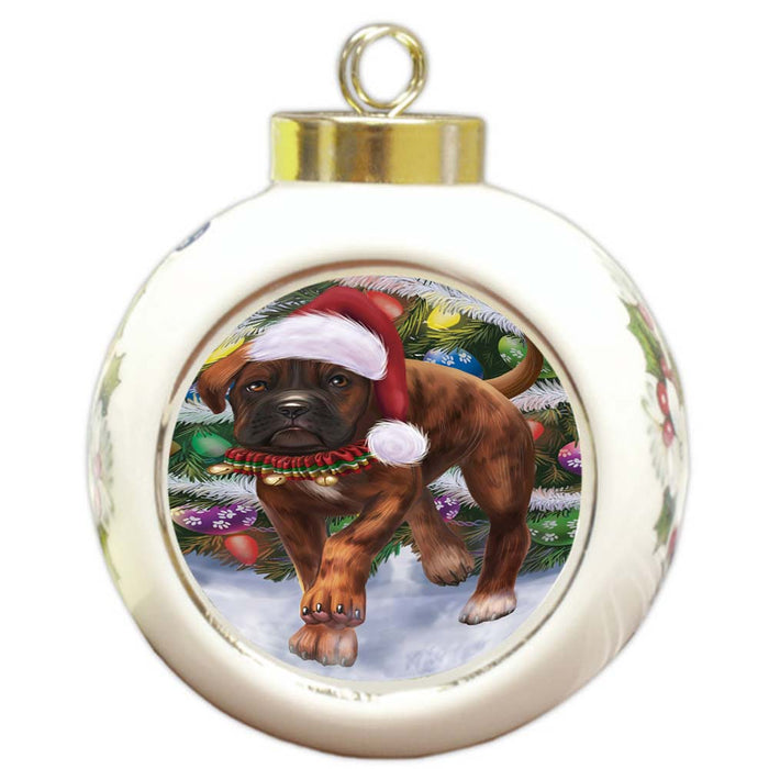 Trotting in the Snow Boxer Dog Round Ball Christmas Ornament RBPOR55782