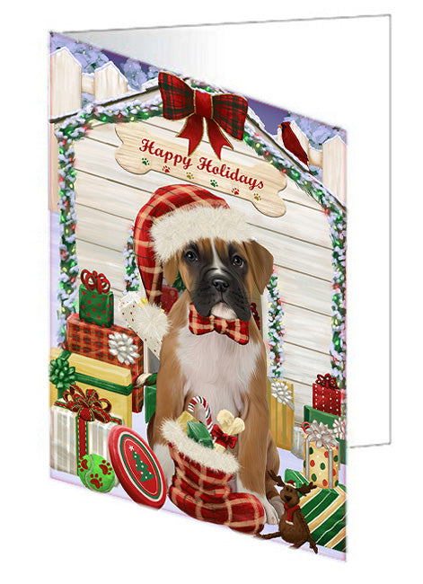 Happy Holidays Christmas Boxer Dog House with Presents Handmade Artwork Assorted Pets Greeting Cards and Note Cards with Envelopes for All Occasions and Holiday Seasons GCD58103