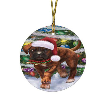 Trotting in the Snow Boxer Dog Round Flat Christmas Ornament RFPOR55782