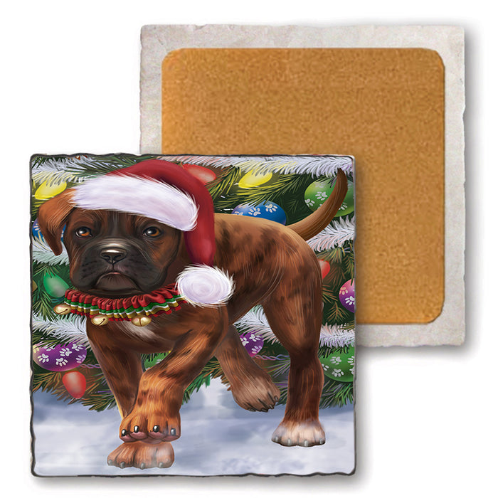 Trotting in the Snow Boxer Dog Set of 4 Natural Stone Marble Tile Coasters MCST50426