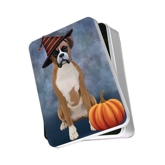 Happy Halloween Boxer Dog Wearing Witch Hat with Pumpkin Photo Storage Tin PITN54881