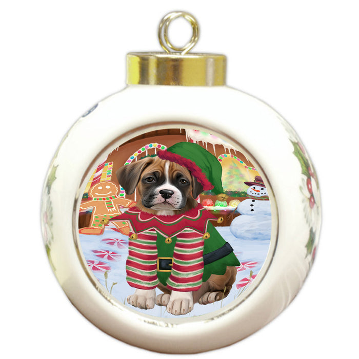 Christmas Gingerbread House Candyfest Boxer Dog Round Ball Christmas Ornament RBPOR56569