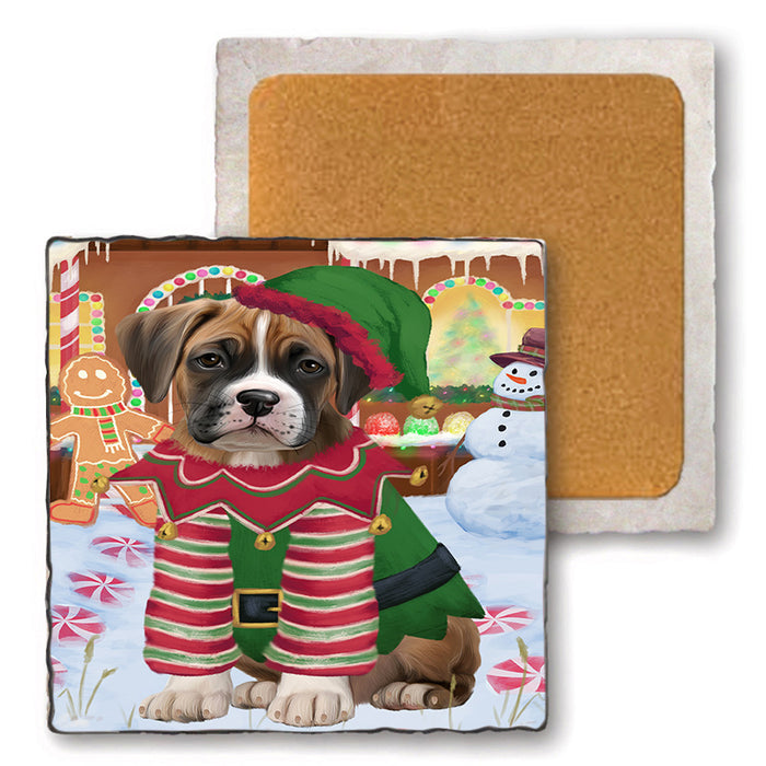 Christmas Gingerbread House Candyfest Boxer Dog Set of 4 Natural Stone Marble Tile Coasters MCST51213