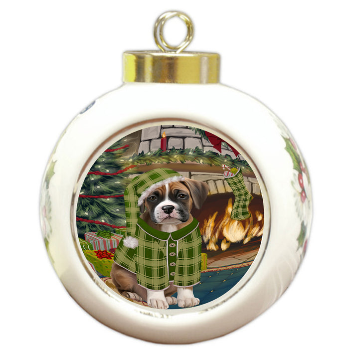 The Stocking was Hung Boxer Dog Round Ball Christmas Ornament RBPOR55599