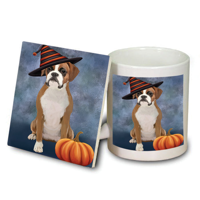 Happy Halloween Boxer Dog Wearing Witch Hat with Pumpkin Mug and Coaster Set MUC54931