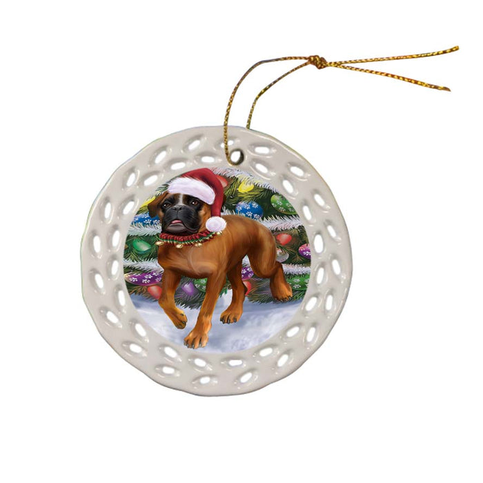 Trotting in the Snow Boxer Dog Ceramic Doily Ornament DPOR55783