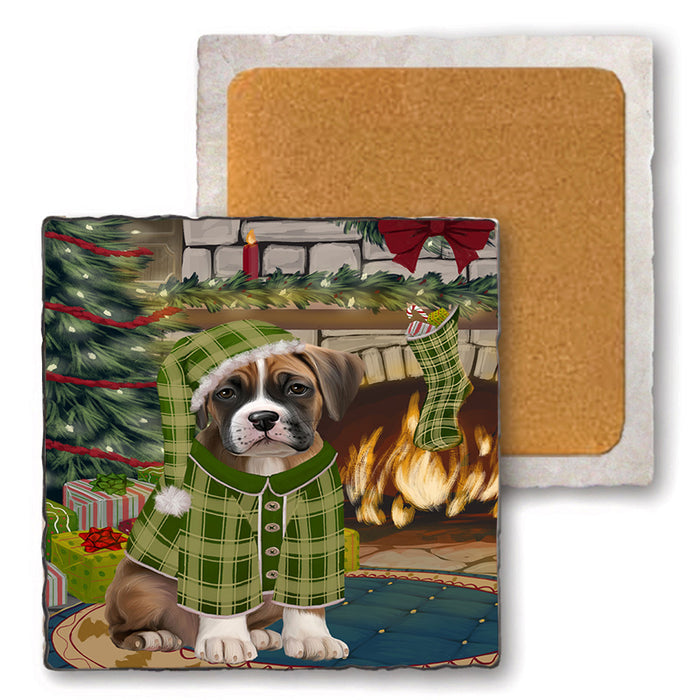 The Stocking was Hung Boxer Dog Set of 4 Natural Stone Marble Tile Coasters MCST50243