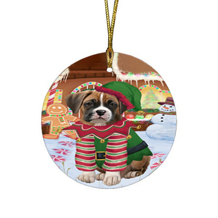 Christmas Gingerbread House Candyfest Boxer Dog Round Flat Christmas Ornament RFPOR56569