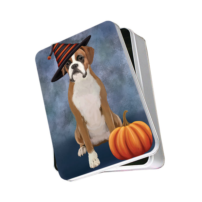 Happy Halloween Boxer Dog Wearing Witch Hat with Pumpkin Photo Storage Tin PITN54882