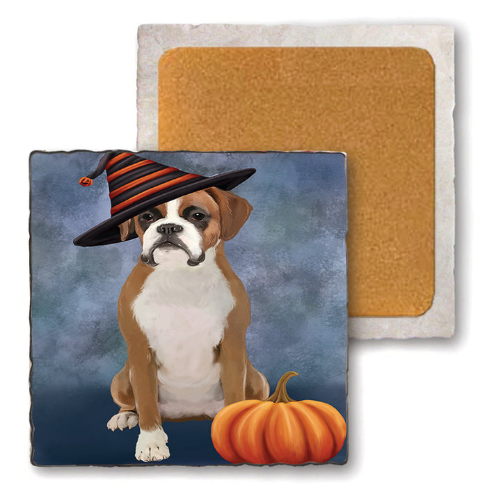 Happy Halloween Boxer Dog Wearing Witch Hat with Pumpkin Set of 4 Natural Stone Marble Tile Coasters MCST49939