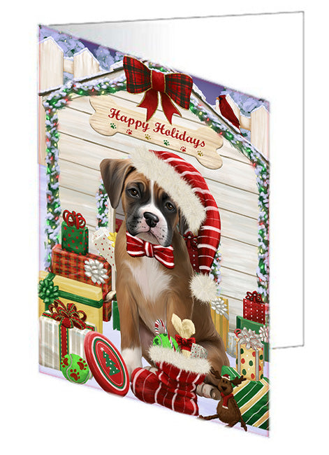 Happy Holidays Christmas Boxer Dog House with Presents Handmade Artwork Assorted Pets Greeting Cards and Note Cards with Envelopes for All Occasions and Holiday Seasons GCD58106