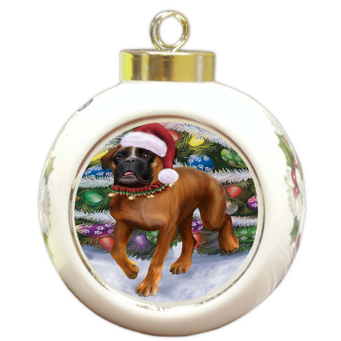 Trotting in the Snow Boxer Dog Round Ball Christmas Ornament RBPOR55783