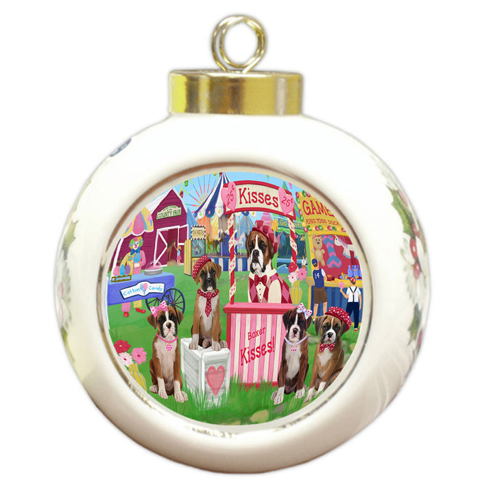 Carnival Kissing Booth Boxers Dog Round Ball Christmas Ornament RBPOR56255
