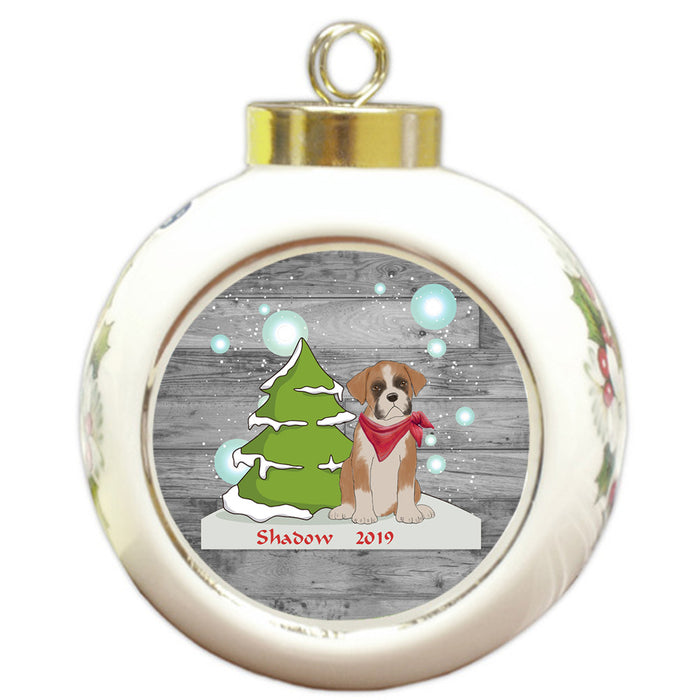 Custom Personalized Winter Scenic Tree and Presents Boxer Dog Christmas Round Ball Ornament