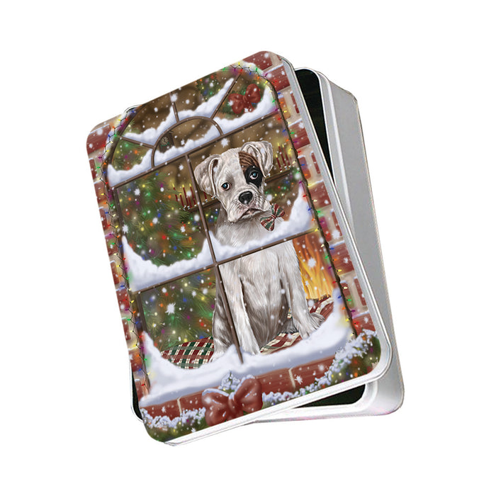 Please Come Home For Christmas Boxer Dog Sitting In Window Photo Storage Tin PITN53882