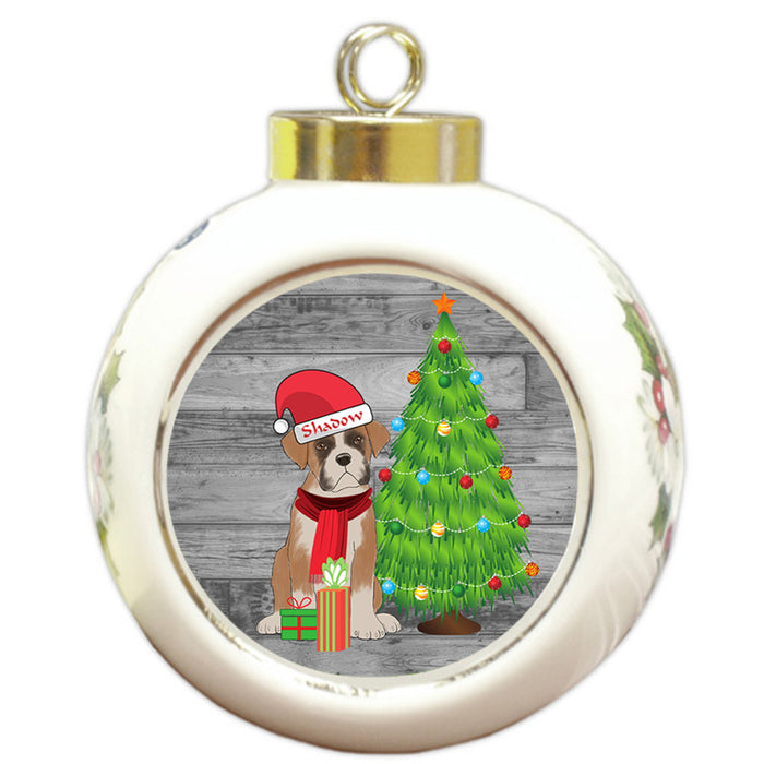 Custom Personalized Boxer Dog With Tree and Presents Christmas Round Ball Ornament