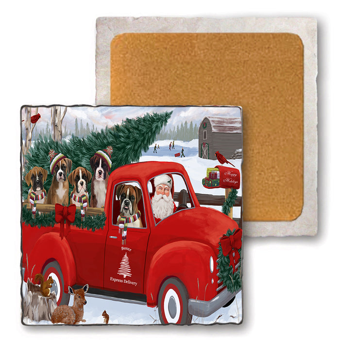 Christmas Santa Express Delivery Boxers Dog Family Set of 4 Natural Stone Marble Tile Coasters MCST50019
