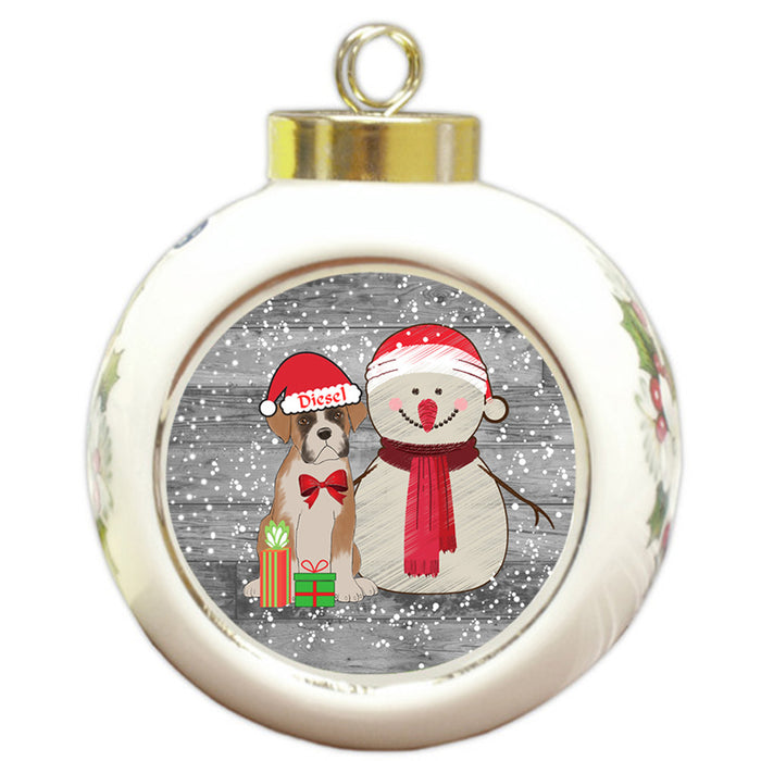 Custom Personalized Snowy Snowman and Boxer Dog Christmas Round Ball Ornament