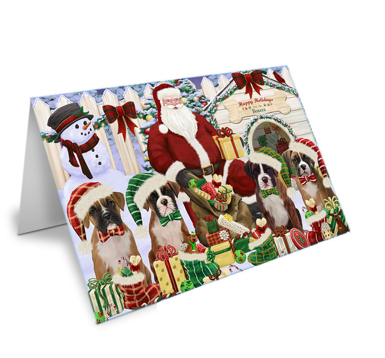 Happy Holidays Christmas Boxers Dog House Gathering Handmade Artwork Assorted Pets Greeting Cards and Note Cards with Envelopes for All Occasions and Holiday Seasons GCD57884