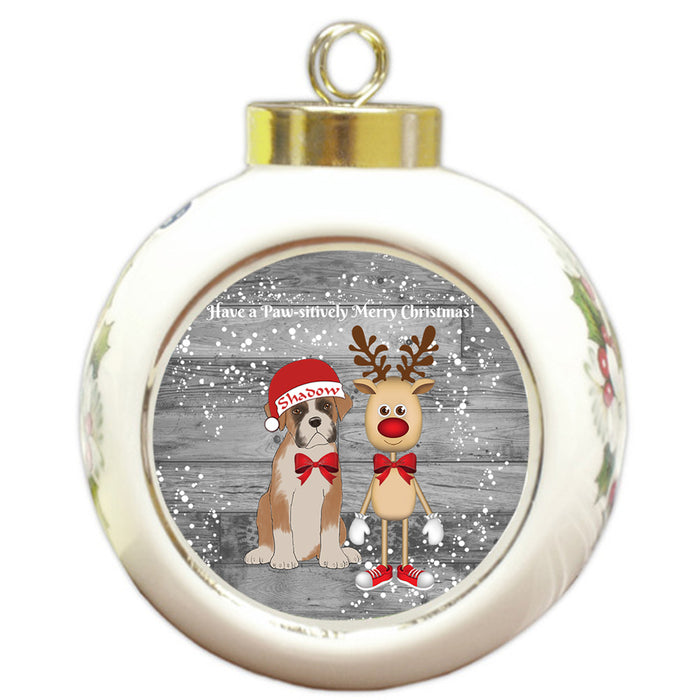 Custom Personalized Boxer Dog Reindeer and Pooch Christmas Round Ball Ornament