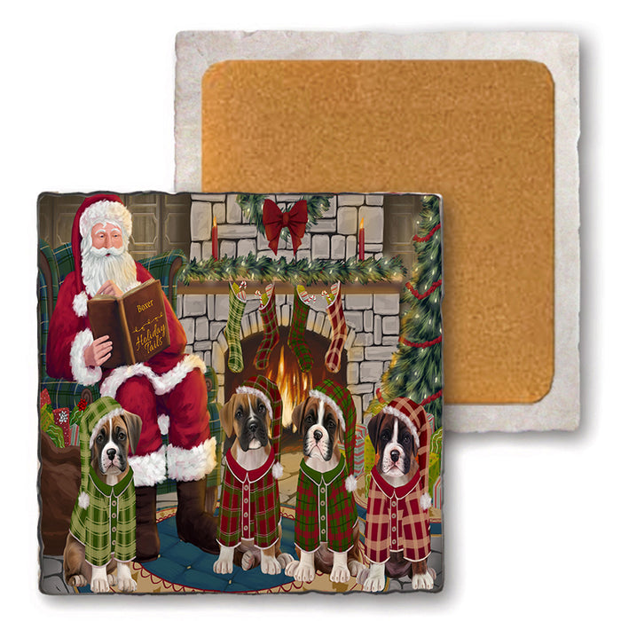 Christmas Cozy Holiday Tails Boxers Dog Set of 4 Natural Stone Marble Tile Coasters MCST50108