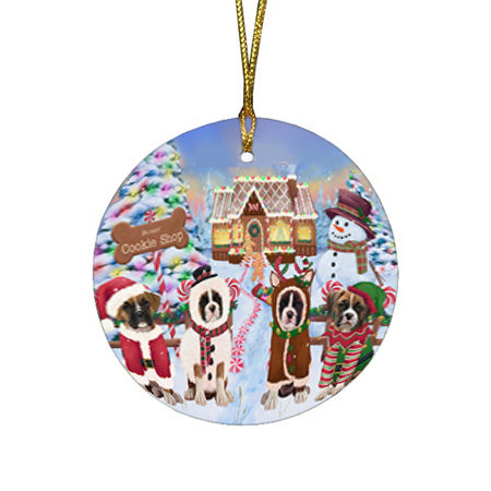 Holiday Gingerbread Cookie Shop Boxers Dog Round Flat Christmas Ornament RFPOR56740