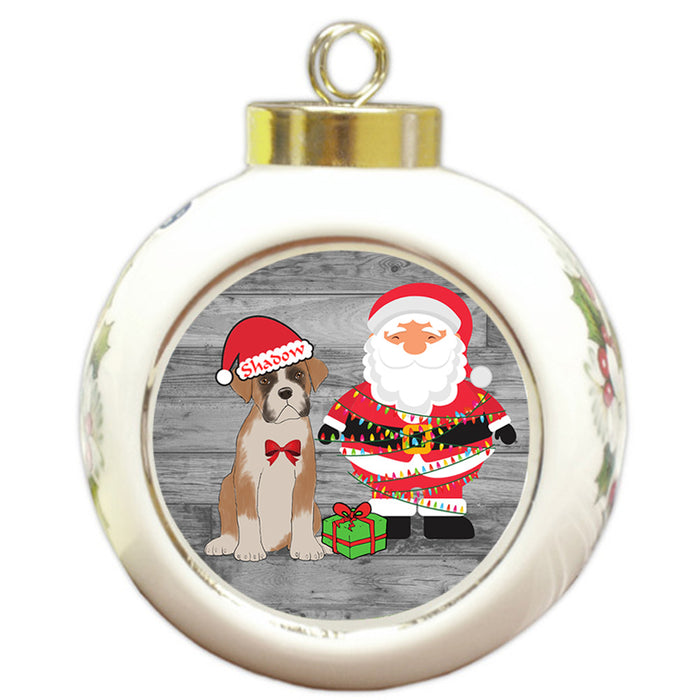 Custom Personalized Boxer Dog With Santa Wrapped in Light Christmas Round Ball Ornament