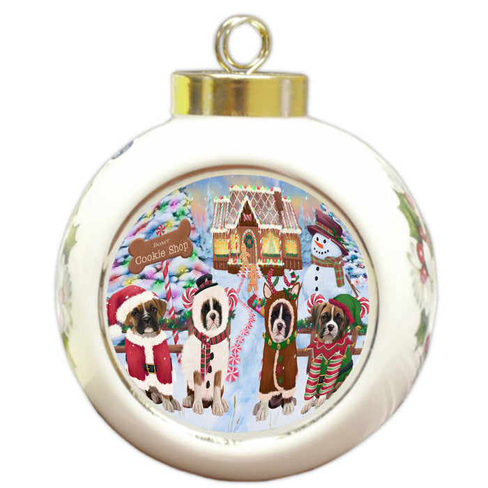 Holiday Gingerbread Cookie Shop Boxers Dog Round Ball Christmas Ornament RBPOR56740
