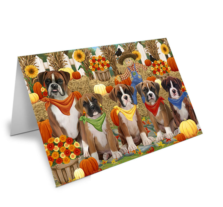 Fall Festive Gathering Boxers Dog with Pumpkins Handmade Artwork Assorted Pets Greeting Cards and Note Cards with Envelopes for All Occasions and Holiday Seasons GCD55916
