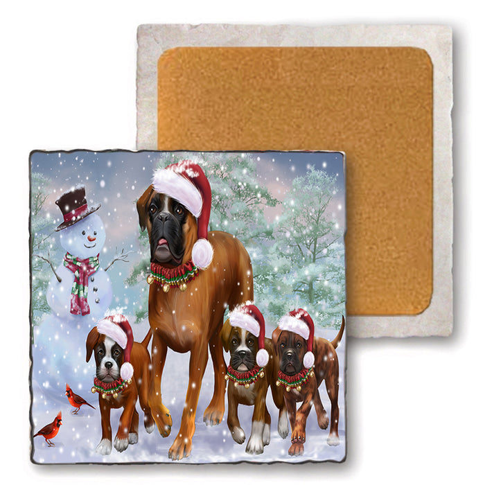 Christmas Running Family Boxers Dog Set of 4 Natural Stone Marble Tile Coasters MCST50465