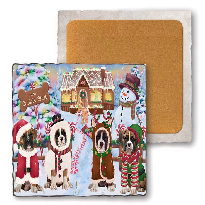 Holiday Gingerbread Cookie Shop Boxers Dog Set of 4 Natural Stone Marble Tile Coasters MCST51384