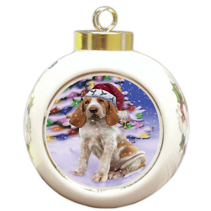 Winterland Wonderland Bracco Italiano Dog In Christmas Holiday Scenic Background Round Ball Christmas Ornament RBPOR56046
