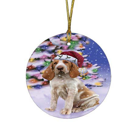 Winterland Wonderland Bracco Italiano Dog In Christmas Holiday Scenic Background Round Flat Christmas Ornament RFPOR56046