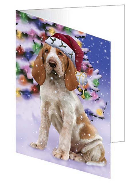 Winterland Wonderland Bracco Italiano Dog In Christmas Holiday Scenic Background Handmade Artwork Assorted Pets Greeting Cards and Note Cards with Envelopes for All Occasions and Holiday Seasons GCD71585
