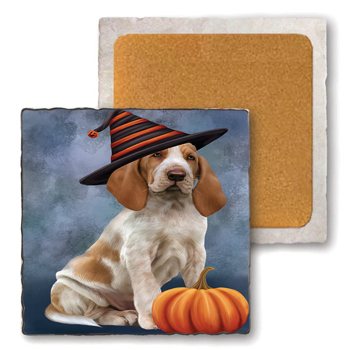 Happy Halloween Bracco Dog Wearing Witch Hat with Pumpkin Set of 4 Natural Stone Marble Tile Coasters MCST49867