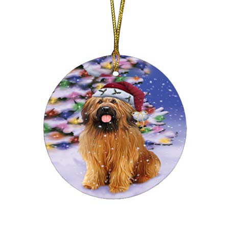 Winterland Wonderland Briard Dog In Christmas Holiday Scenic Background Round Flat Christmas Ornament RFPOR56047