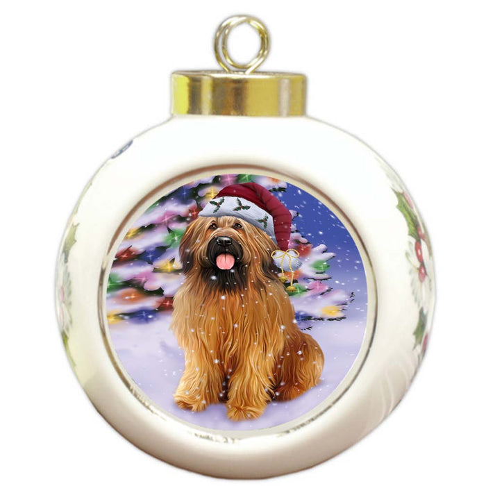 Winterland Wonderland Briard Dog In Christmas Holiday Scenic Background Round Ball Christmas Ornament RBPOR56047