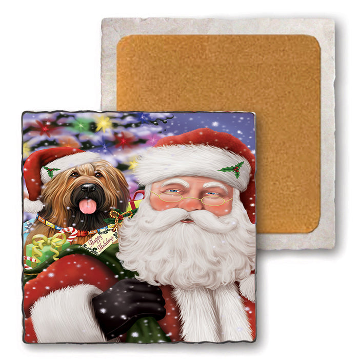 Santa Carrying Briard Dog and Christmas Presents Set of 4 Natural Stone Marble Tile Coasters MCST50493
