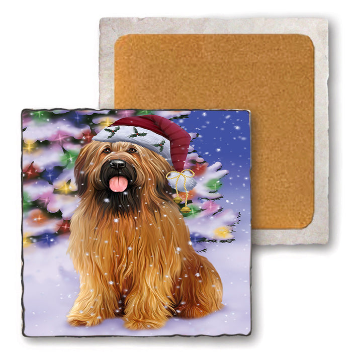 Winterland Wonderland Briard Dog In Christmas Holiday Scenic Background Set of 4 Natural Stone Marble Tile Coasters MCST50691