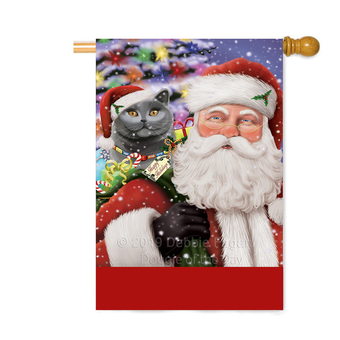Personalized Santa Carrying British Shorthair Cat and Christmas Presents Custom House Flag FLG-DOTD-A63431