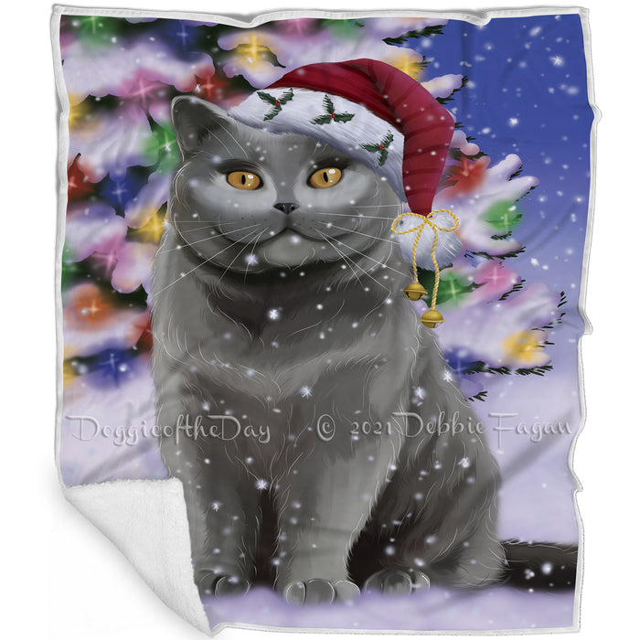 Winterland Wonderland British Shorthair Cat In Christmas Holiday Scenic Background Blanket BLNKT120648