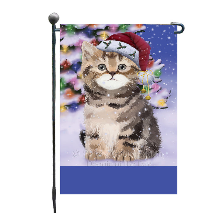 Personalized Winterland Wonderland British Shorthair Cat In Christmas Holiday Scenic Background Custom Garden Flags GFLG-DOTD-A61263