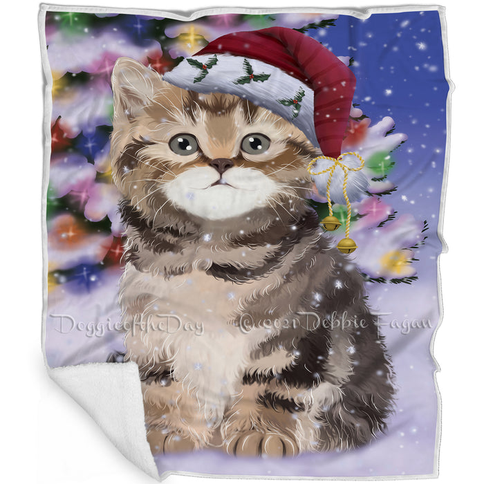 Winterland Wonderland British Shorthair Cat In Christmas Holiday Scenic Background Blanket BLNKT120657