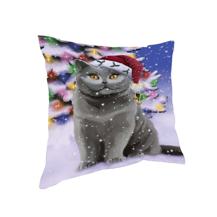 Winterland Wonderland British Shorthair Cat In Christmas Holiday Scenic Background Pillow PIL71696