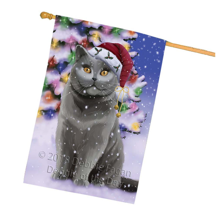 Winterland Wonderland British Shorthair Cat In Christmas Holiday Scenic Background House Flag FLG56121