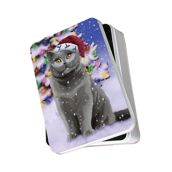 Winterland Wonderland British Shorthair Cat In Christmas Holiday Scenic Background Photo Storage Tin PITN55635