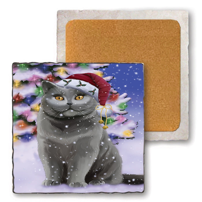 Winterland Wonderland British Shorthair Cat In Christmas Holiday Scenic Background Set of 4 Natural Stone Marble Tile Coasters MCST50692