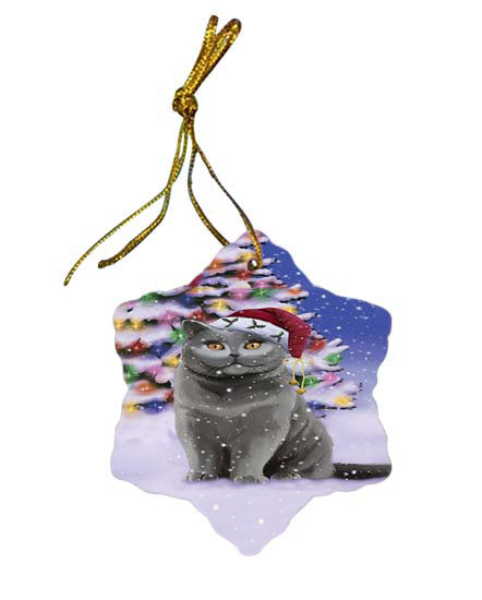 Winterland Wonderland British Shorthair Cat In Christmas Holiday Scenic Background Star Porcelain Ornament SPOR56048